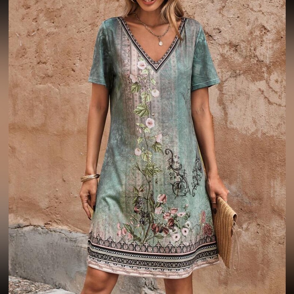 Boho floral print V neck dress